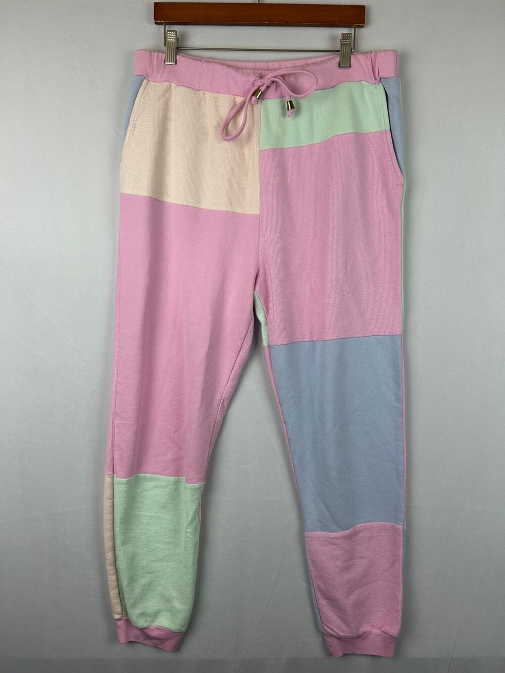 LoveShackFancy Patchwork Jogger Sweatpants Elastic Tie Waist Pink Women's Size M